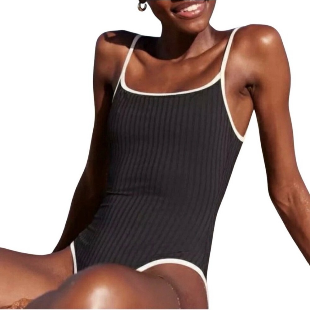 Aerie Ribbed Scoop Back One Piece Bathing Suit Swimsuit Black White Size Large